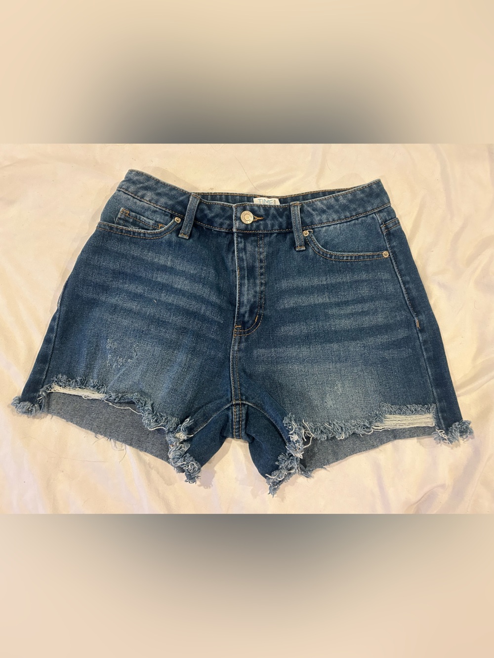 100% cotton, High-Rise Distressed Denim Shorts - Dark Blue